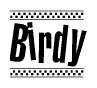 The image contains the text Birdy in a bold, stylized font, with a checkered flag pattern bordering the top and bottom of the text.