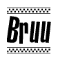 The image is a black and white clipart of the text Bruu in a bold, italicized font. The text is bordered by a dotted line on the top and bottom, and there are checkered flags positioned at both ends of the text, usually associated with racing or finishing lines.