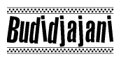The clipart image displays the text Budidjajani in a bold, stylized font. It is enclosed in a rectangular border with a checkerboard pattern running below and above the text, similar to a finish line in racing. 