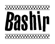 The image is a black and white clipart of the text Bashir in a bold, italicized font. The text is bordered by a dotted line on the top and bottom, and there are checkered flags positioned at both ends of the text, usually associated with racing or finishing lines.