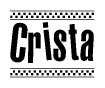 The image is a black and white clipart of the text Crista in a bold, italicized font. The text is bordered by a dotted line on the top and bottom, and there are checkered flags positioned at both ends of the text, usually associated with racing or finishing lines.