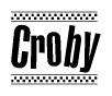 The image is a black and white clipart of the text Croby in a bold, italicized font. The text is bordered by a dotted line on the top and bottom, and there are checkered flags positioned at both ends of the text, usually associated with racing or finishing lines.