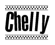The image is a black and white clipart of the text Chelly in a bold, italicized font. The text is bordered by a dotted line on the top and bottom, and there are checkered flags positioned at both ends of the text, usually associated with racing or finishing lines.