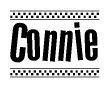 The image contains the text Connie in a bold, stylized font, with a checkered flag pattern bordering the top and bottom of the text.