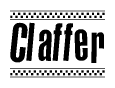 The clipart image displays the text Claffer in a bold, stylized font. It is enclosed in a rectangular border with a checkerboard pattern running below and above the text, similar to a finish line in racing. 