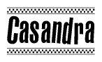 The image contains the text Casandra in a bold, stylized font, with a checkered flag pattern bordering the top and bottom of the text.