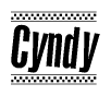 The image is a black and white clipart of the text Cyndy in a bold, italicized font. The text is bordered by a dotted line on the top and bottom, and there are checkered flags positioned at both ends of the text, usually associated with racing or finishing lines.