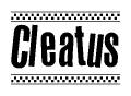 The clipart image displays the text Cleatus in a bold, stylized font. It is enclosed in a rectangular border with a checkerboard pattern running below and above the text, similar to a finish line in racing. 