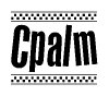 The image is a black and white clipart of the text Cpalm in a bold, italicized font. The text is bordered by a dotted line on the top and bottom, and there are checkered flags positioned at both ends of the text, usually associated with racing or finishing lines.