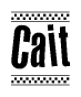The image is a black and white clipart of the text Cait in a bold, italicized font. The text is bordered by a dotted line on the top and bottom, and there are checkered flags positioned at both ends of the text, usually associated with racing or finishing lines.