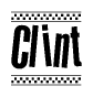 The image is a black and white clipart of the text Clint in a bold, italicized font. The text is bordered by a dotted line on the top and bottom, and there are checkered flags positioned at both ends of the text, usually associated with racing or finishing lines.