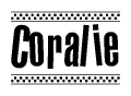 The image contains the text Coralie in a bold, stylized font, with a checkered flag pattern bordering the top and bottom of the text.