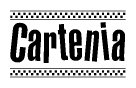 The image is a black and white clipart of the text Cartenia in a bold, italicized font. The text is bordered by a dotted line on the top and bottom, and there are checkered flags positioned at both ends of the text, usually associated with racing or finishing lines.