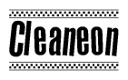 The clipart image displays the text Cleaneon in a bold, stylized font. It is enclosed in a rectangular border with a checkerboard pattern running below and above the text, similar to a finish line in racing. 