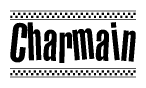 The clipart image displays the text Charmain in a bold, stylized font. It is enclosed in a rectangular border with a checkerboard pattern running below and above the text, similar to a finish line in racing. 