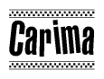 The image contains the text Carima in a bold, stylized font, with a checkered flag pattern bordering the top and bottom of the text.