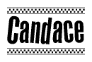 The clipart image displays the text Candace in a bold, stylized font. It is enclosed in a rectangular border with a checkerboard pattern running below and above the text, similar to a finish line in racing. 
