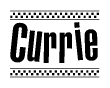 The clipart image displays the text Currie in a bold, stylized font. It is enclosed in a rectangular border with a checkerboard pattern running below and above the text, similar to a finish line in racing. 