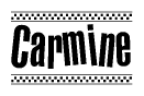 The clipart image displays the text Carmine in a bold, stylized font. It is enclosed in a rectangular border with a checkerboard pattern running below and above the text, similar to a finish line in racing. 