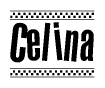 The image is a black and white clipart of the text Celina in a bold, italicized font. The text is bordered by a dotted line on the top and bottom, and there are checkered flags positioned at both ends of the text, usually associated with racing or finishing lines.