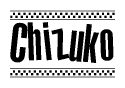 The image contains the text Chizuko in a bold, stylized font, with a checkered flag pattern bordering the top and bottom of the text.