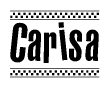 The image is a black and white clipart of the text Carisa in a bold, italicized font. The text is bordered by a dotted line on the top and bottom, and there are checkered flags positioned at both ends of the text, usually associated with racing or finishing lines.