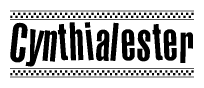 The image contains the text Cynthialester in a bold, stylized font, with a checkered flag pattern bordering the top and bottom of the text.