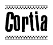 The clipart image displays the text Cortia in a bold, stylized font. It is enclosed in a rectangular border with a checkerboard pattern running below and above the text, similar to a finish line in racing. 