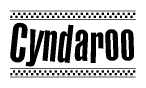 The image contains the text Cyndaroo in a bold, stylized font, with a checkered flag pattern bordering the top and bottom of the text.