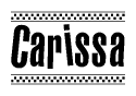 The clipart image displays the text Carissa in a bold, stylized font. It is enclosed in a rectangular border with a checkerboard pattern running below and above the text, similar to a finish line in racing. 