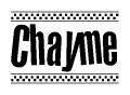 The clipart image displays the text Chayme in a bold, stylized font. It is enclosed in a rectangular border with a checkerboard pattern running below and above the text, similar to a finish line in racing. 