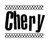 The image is a black and white clipart of the text Chery in a bold, italicized font. The text is bordered by a dotted line on the top and bottom, and there are checkered flags positioned at both ends of the text, usually associated with racing or finishing lines.