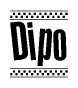 The image is a black and white clipart of the text Dipo in a bold, italicized font. The text is bordered by a dotted line on the top and bottom, and there are checkered flags positioned at both ends of the text, usually associated with racing or finishing lines.