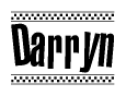 The image is a black and white clipart of the text Darryn in a bold, italicized font. The text is bordered by a dotted line on the top and bottom, and there are checkered flags positioned at both ends of the text, usually associated with racing or finishing lines.