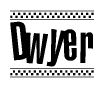 The image contains the text Dwyer in a bold, stylized font, with a checkered flag pattern bordering the top and bottom of the text.
