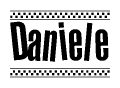 The image is a black and white clipart of the text Daniele in a bold, italicized font. The text is bordered by a dotted line on the top and bottom, and there are checkered flags positioned at both ends of the text, usually associated with racing or finishing lines.