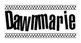The image is a black and white clipart of the text Dawnmarie in a bold, italicized font. The text is bordered by a dotted line on the top and bottom, and there are checkered flags positioned at both ends of the text, usually associated with racing or finishing lines.