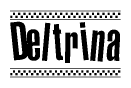 The clipart image displays the text Deltrina in a bold, stylized font. It is enclosed in a rectangular border with a checkerboard pattern running below and above the text, similar to a finish line in racing. 