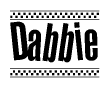 The image contains the text Dabbie in a bold, stylized font, with a checkered flag pattern bordering the top and bottom of the text.