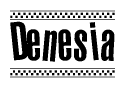 The image contains the text Denesia in a bold, stylized font, with a checkered flag pattern bordering the top and bottom of the text.