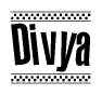 The image contains the text Divya in a bold, stylized font, with a checkered flag pattern bordering the top and bottom of the text.