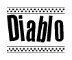 The image contains the text Diablo in a bold, stylized font, with a checkered flag pattern bordering the top and bottom of the text.
