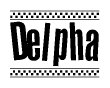 The image is a black and white clipart of the text Delpha in a bold, italicized font. The text is bordered by a dotted line on the top and bottom, and there are checkered flags positioned at both ends of the text, usually associated with racing or finishing lines.