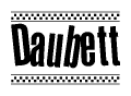 The image is a black and white clipart of the text Daubett in a bold, italicized font. The text is bordered by a dotted line on the top and bottom, and there are checkered flags positioned at both ends of the text, usually associated with racing or finishing lines.