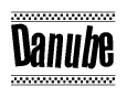 The image is a black and white clipart of the text Danube in a bold, italicized font. The text is bordered by a dotted line on the top and bottom, and there are checkered flags positioned at both ends of the text, usually associated with racing or finishing lines.