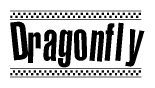 The image contains the text Dragonfly in a bold, stylized font, with a checkered flag pattern bordering the top and bottom of the text.