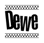 The image is a black and white clipart of the text Dewe in a bold, italicized font. The text is bordered by a dotted line on the top and bottom, and there are checkered flags positioned at both ends of the text, usually associated with racing or finishing lines.