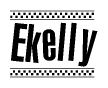 The image is a black and white clipart of the text Ekelly in a bold, italicized font. The text is bordered by a dotted line on the top and bottom, and there are checkered flags positioned at both ends of the text, usually associated with racing or finishing lines.