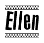 The image is a black and white clipart of the text Ellen in a bold, italicized font. The text is bordered by a dotted line on the top and bottom, and there are checkered flags positioned at both ends of the text, usually associated with racing or finishing lines.