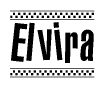The image is a black and white clipart of the text Elvira in a bold, italicized font. The text is bordered by a dotted line on the top and bottom, and there are checkered flags positioned at both ends of the text, usually associated with racing or finishing lines.